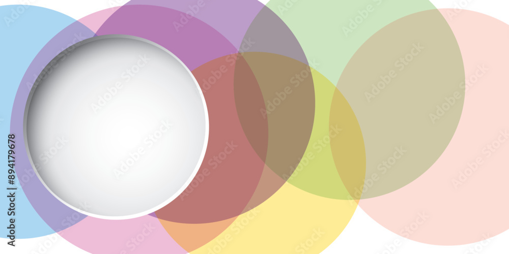 Abstract 3D circle frame paper cut style at left area with pastel geometric shapes transparency overlap graphic illustrations. Abstract 3D circle frame paper cut style at left area with pastel geometric shapes transparency overlap graphic illustrations.