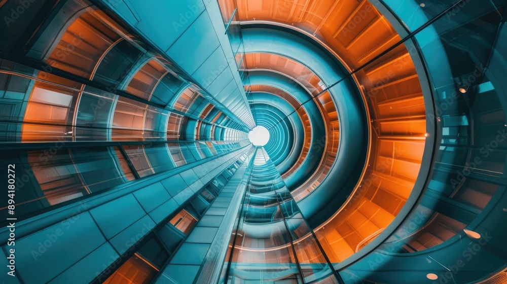 Naklejka premium Spiral staircase inside a modern cylindrical building with glass floors