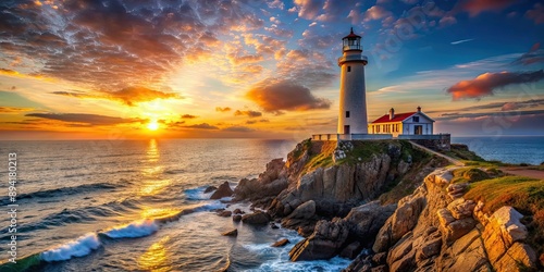 Fototapeta Naklejka Na Ścianę i Meble -  Majestic lighthouse overlooking ocean at sunset on rocky shoreline, lighthouse, ocean, sunset, majestic, rocky, shoreline, coastal