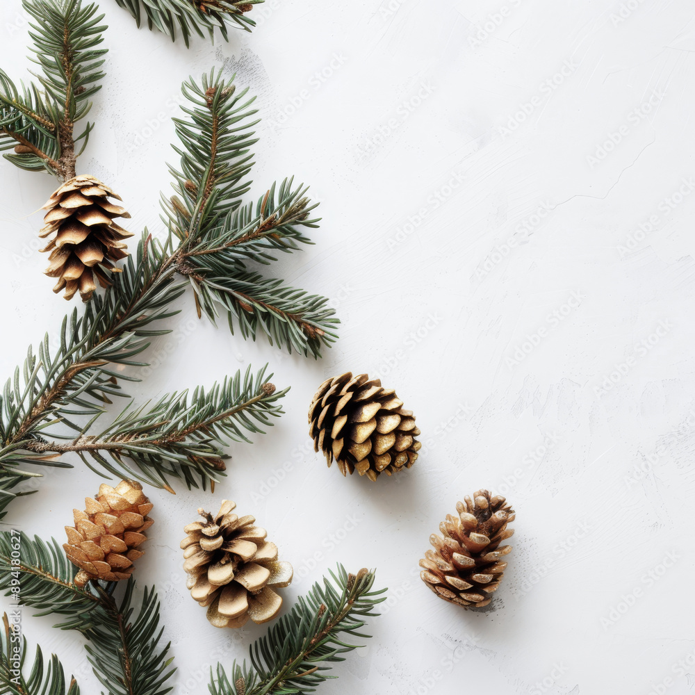 A Christmas tree branch with gold pine cones on a white background A Christmas tree branch with gold pine cones on a white background