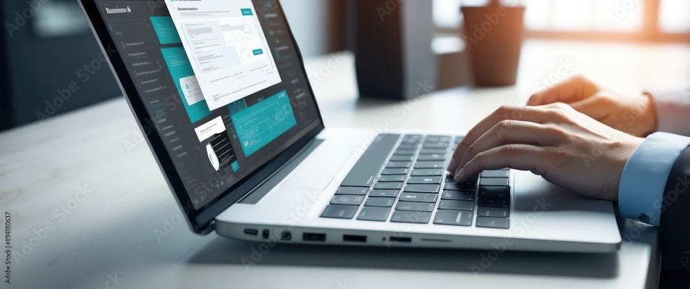 A professional workspace featuring a laptop and hands typing, embodying modern productivity and digital communication in a business setting A professional workspace featuring a laptop and hands typing, embodying modern productivity and digital communication in a business setting