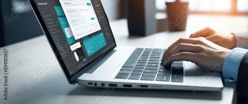 A professional workspace featuring a laptop and hands typing, embodying modern productivity and digital communication in a business setting