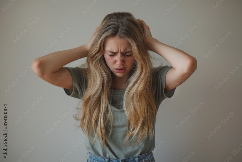 Young woman with long hair in casual wear looking overwhelmed. Neutral background. Emotional portrait image for stress or lifestyle concepts. High-quality stock photo. Generative AI Young woman with long hair in casual wear looking overwhelmed. Neutral background. Emotional portrait image for stress or lifestyle concepts. High-quality stock photo. Generative AI