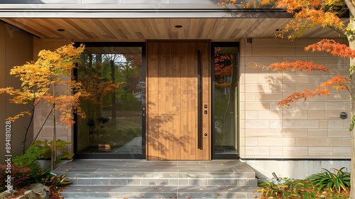 Main entrance door. Japanese, minimalist style exterior of cottage in fall forest