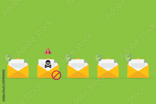 Email / envelope with black document and skull icon. Virus, malware, email fraud, e-mail spam, phishing scam, hacker attack concept. Vector illustration	