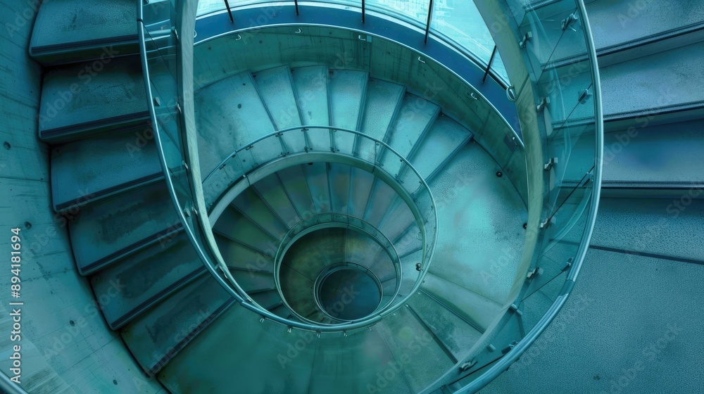 Fototapeta premium Spiral staircase inside a modern cylindrical building with glass floors