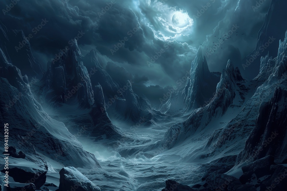 Mystical moonlight over frozen mountain peaks with a river running through the valley Mystical moonlight over frozen mountain peaks with a river running through the valley