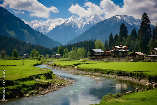 Dharamshala: Where Nature Unfolds its Splendid Beauty Amidst Snow-Capped Mountains, Shimmering River and Traditional Himachali Architecture photo