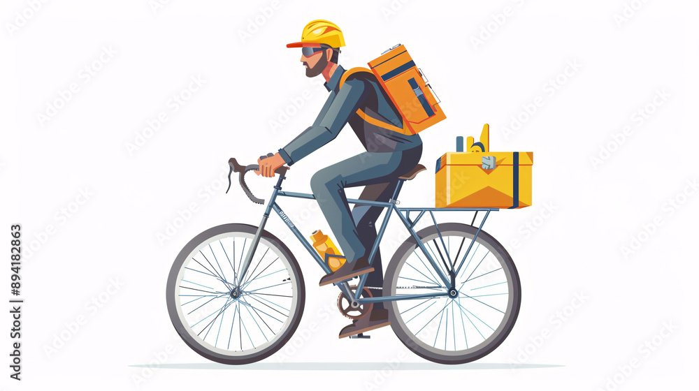An illustration of a male builder riding a bicycle with a toolbox, isolated on a white background. It could be used for construction, transportation, or maintenance-themed designs. An illustration of a male builder riding a bicycle with a toolbox, isolated on a white background. It could be used for construction, transportation, or maintenance-themed designs.