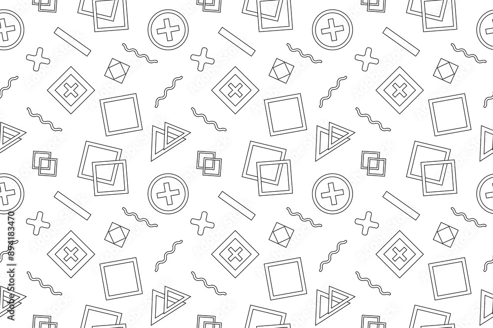 A Memphis style retro coloring page featuring geometric shapes like crosses, squares, and circles. Perfect for creative and fun design projects. A Memphis style retro coloring page featuring geometric shapes like crosses, squares, and circles. Perfect for creative and fun design projects.