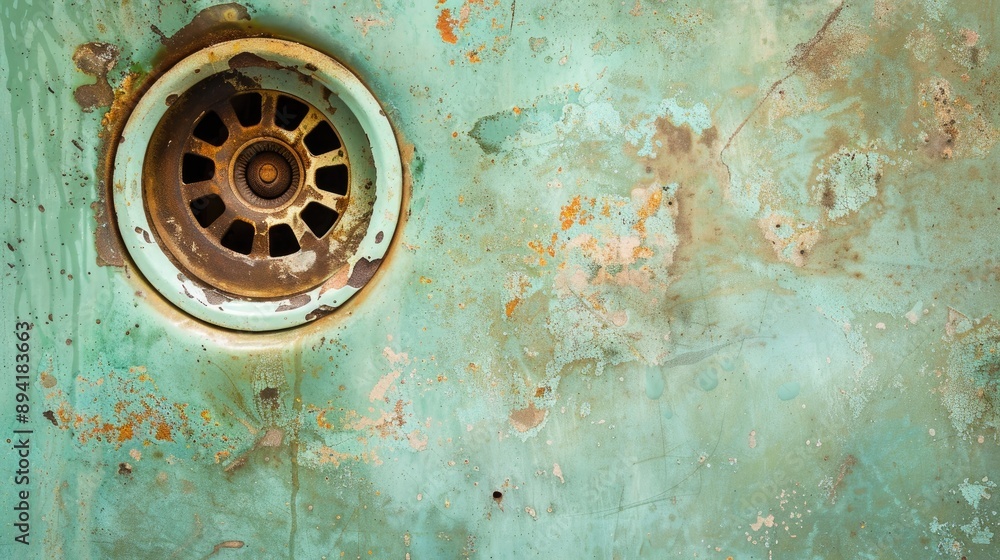 Obraz premium Rusty drain in light green sink with ample copy space