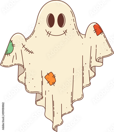 Cartoon retro groovy Halloween ghost with happy boo face, vector character. Halloween holiday horror night cartoon funny groovy ghost in bedsheet with patches and happy smiling funky face