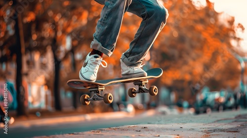 Skateboarding Trick: A skateboarder performing an ollie, board and feet in mid-air above the pavement. 