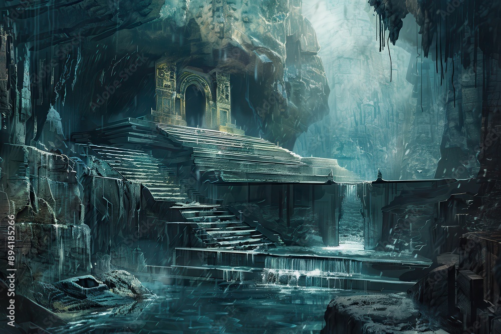 Ancient temple ruins in a mysterious underground cavern with waterfalls Ancient temple ruins in a mysterious underground cavern with waterfalls