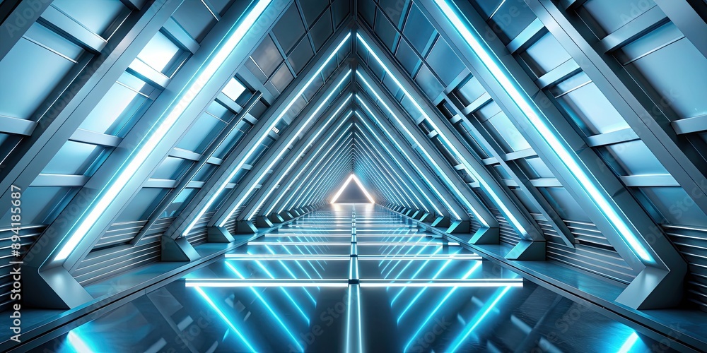 Obraz premium Empty long light corridor with a futuristic sci-fi triangle tunnel , technology, future, empty space, modern