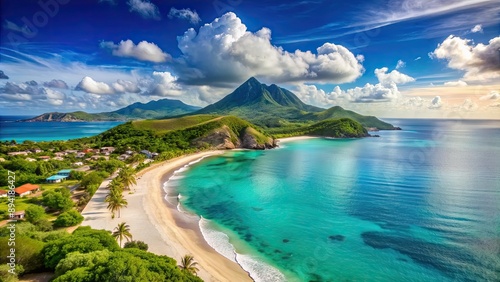 Fototapeta Naklejka Na Ścianę i Meble -  View of Montserrat Island with Caribbean beach in foreground, Antigua, Montserrat, Caribbean, beach, Antigua, tropical