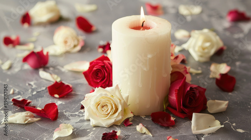 White candle adorned with roses and flower petals for a heartfelt sympathy message