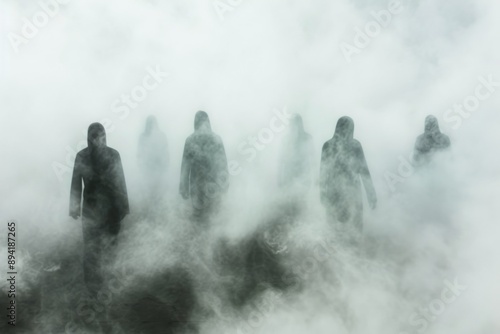 Ethereal figures emerging from misty veil, hauntingly beautiful apparitions