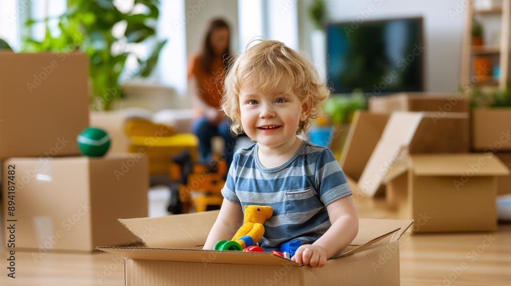 A child sitting on a large cardboard box, playing with a toy A child sitting on a large cardboard box, playing with a toy