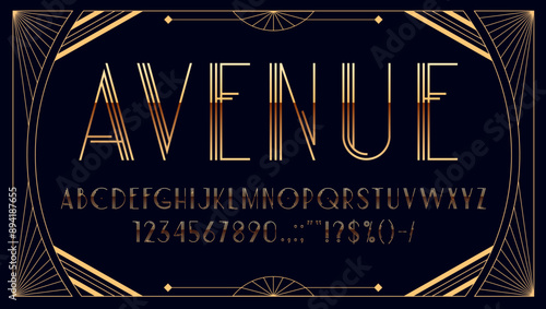 Art deco 1920s font with golden type and elegant typeface, vector vintage alphabet. Art deco font type with golden letters in classic thin line of 20s cinema vintage style or luxury brand typeface
