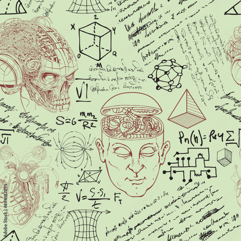 Obraz premium scientist-inventor with formulas and sketches of robots