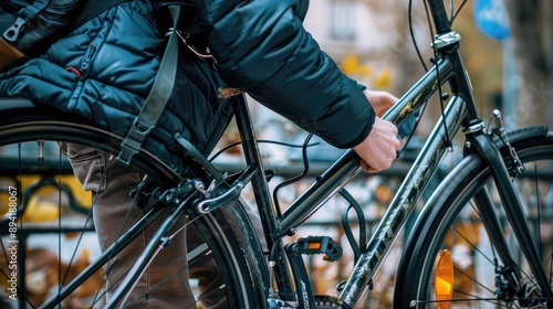 Urban Cyclist Adjusts Bicycle in Autumn Scenery