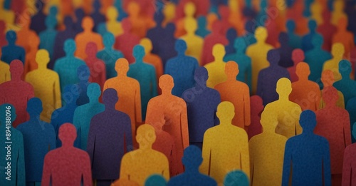 Banner background of a colorful crowd of people made of cut-out paper represents a dense mob gathered at a public event 