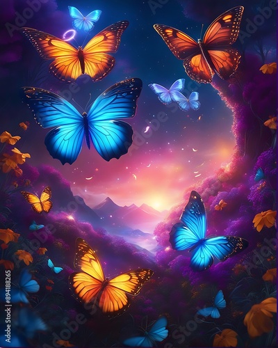 A serene fantasy glowing world with a stunning universe and lush trees, creating a perfect natural scene. Ideal for meditation and enhancing your state of mind. Generative AI.