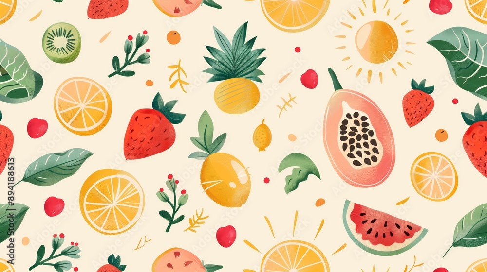 A vibrant summer design with fruit and sun motifs, perfect for textiles or home décor. A vibrant summer design with fruit and sun motifs, perfect for textiles or home décor.