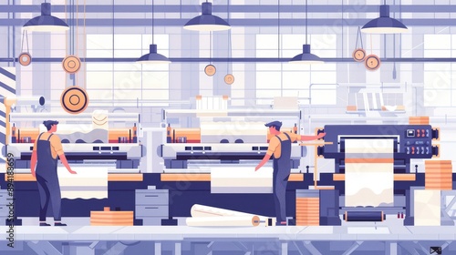 Modern Printing Factory Workers Operating Machinery
