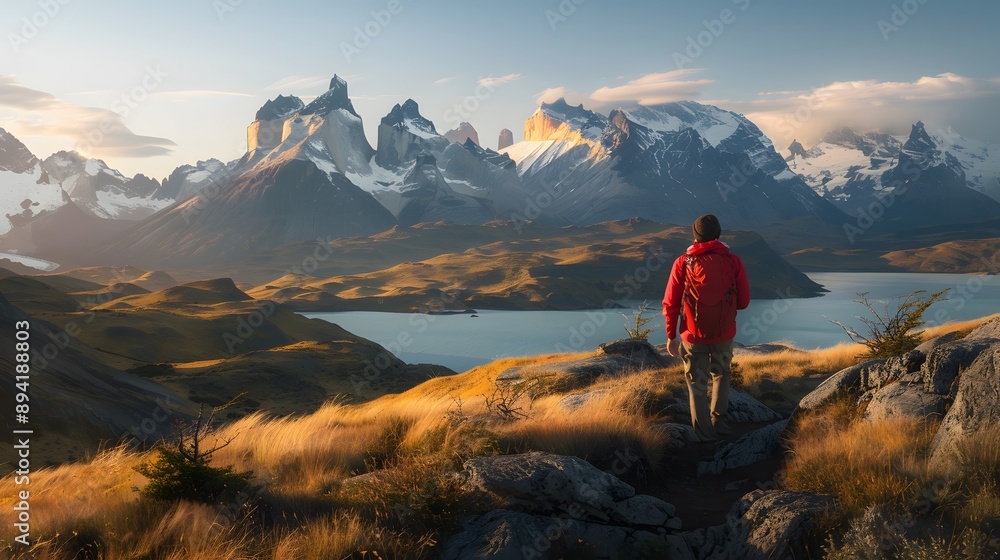 Fototapeta premium Man hiking on mountain of Torres Del Paine National Park, Patagonia, South America.