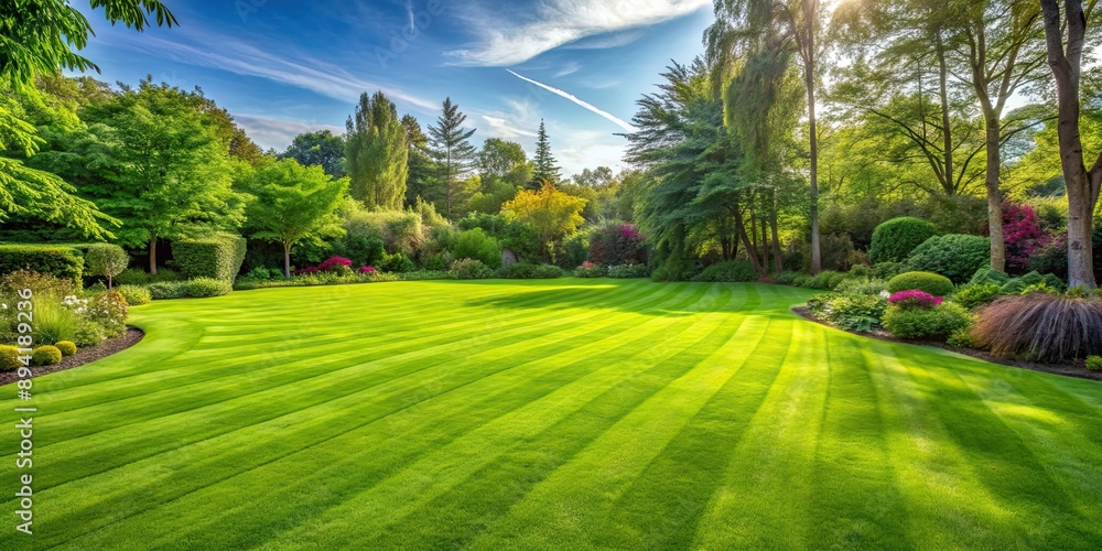 Obraz premium Freshly mown green lawn, perfect for outdoor relaxation, lawn, green, grass, fresh, mown, yard, backyard, outdoors