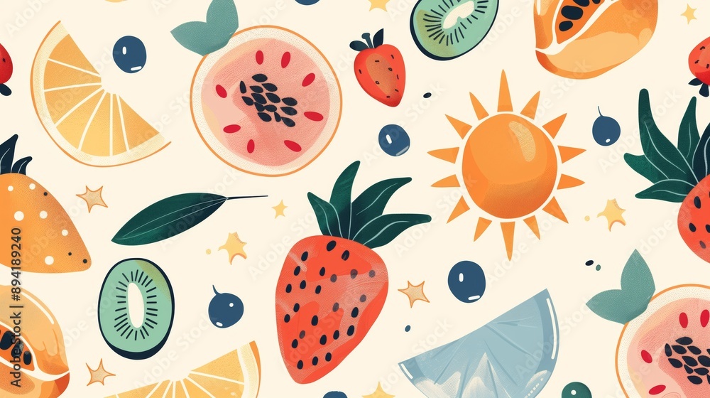 Design a lively summer pattern with playful fruits, sunbursts, and sun hats to evoke warm day joy. Design a lively summer pattern with playful fruits, sunbursts, and sun hats to evoke warm day joy.