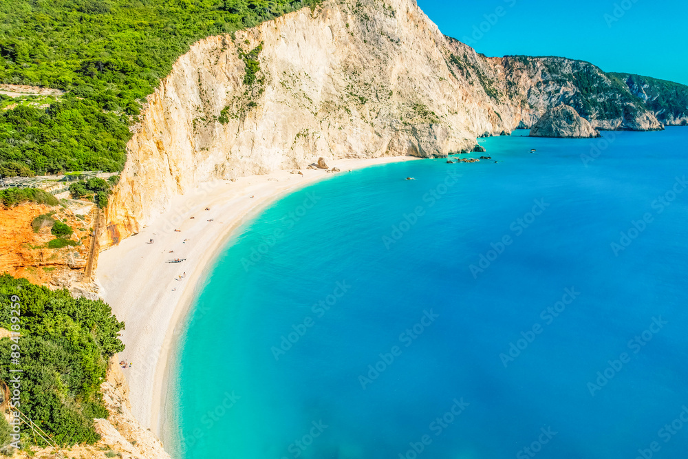 Fototapeta premium Porto Katsiki beach on the Ionian sea, Lefkada island, Greece. Beautiful views of azure sea water and nature with cliffs cave