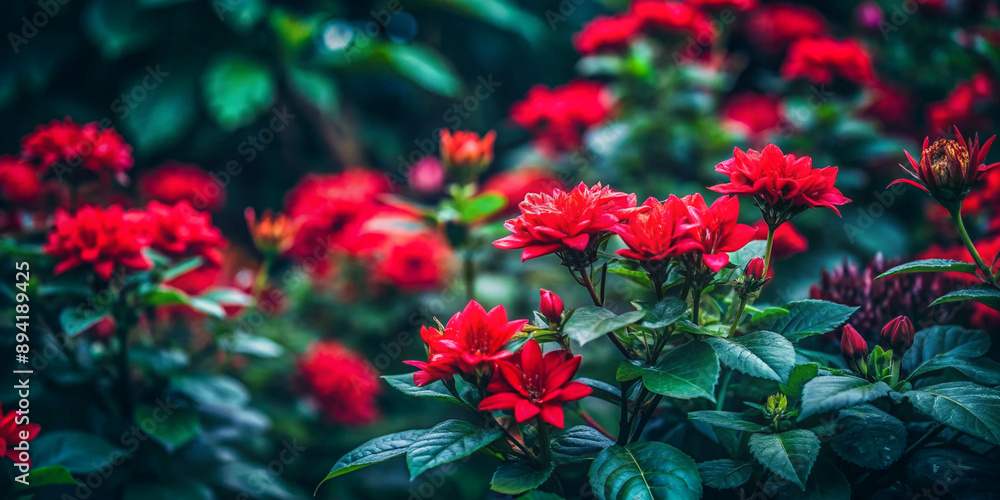 Red Flowers and Leaves in Dark Garden Red Flowers and Leaves in Dark Garden