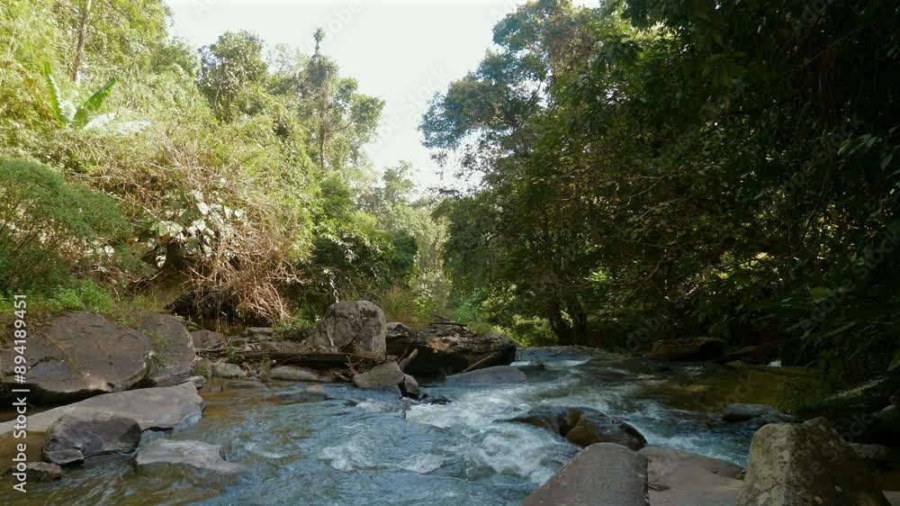 Serene, flowing river surrounded by lush green vegetation and rocks, capturing beauty and tranquility of nature, perfect for promoting outdoor adventures, Environmental Conservation and Nature. Serene, flowing river surrounded by lush green vegetation and rocks, capturing beauty and tranquility of nature, perfect for promoting outdoor adventures, Environmental Conservation and Nature.