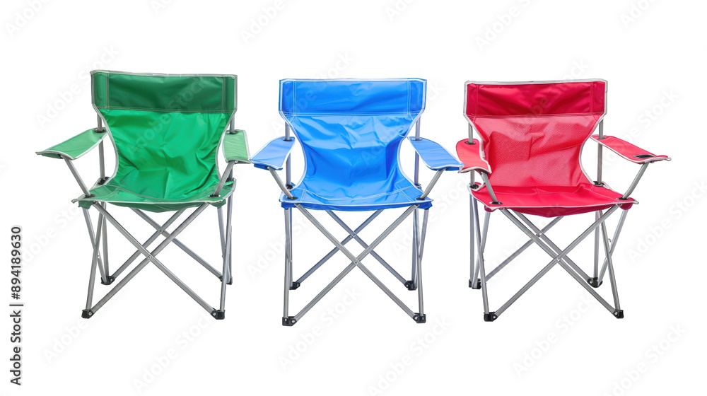 Obraz premium Collection Of Mixed Camping Chairs Green Blue And Red For Outdoor Gear Ads And Marketing isolated on transparent background. Generative ai