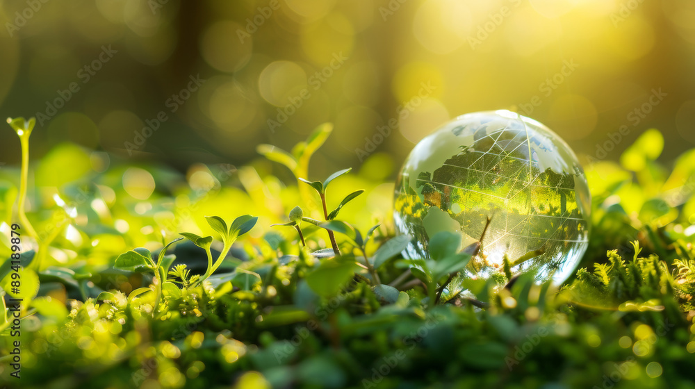 A glass globe is surrounded by green plants, representing the environment. This image highlights the importance of protecting and sustaining our natural resources, including green energy. A glass globe is surrounded by green plants, representing the environment. This image highlights the importance of protecting and sustaining our natural resources, including green energy.