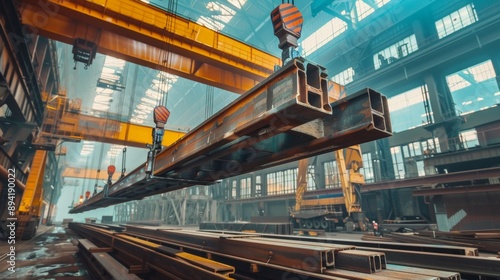 Steel Beams Being Lifted by Crane in Factory.