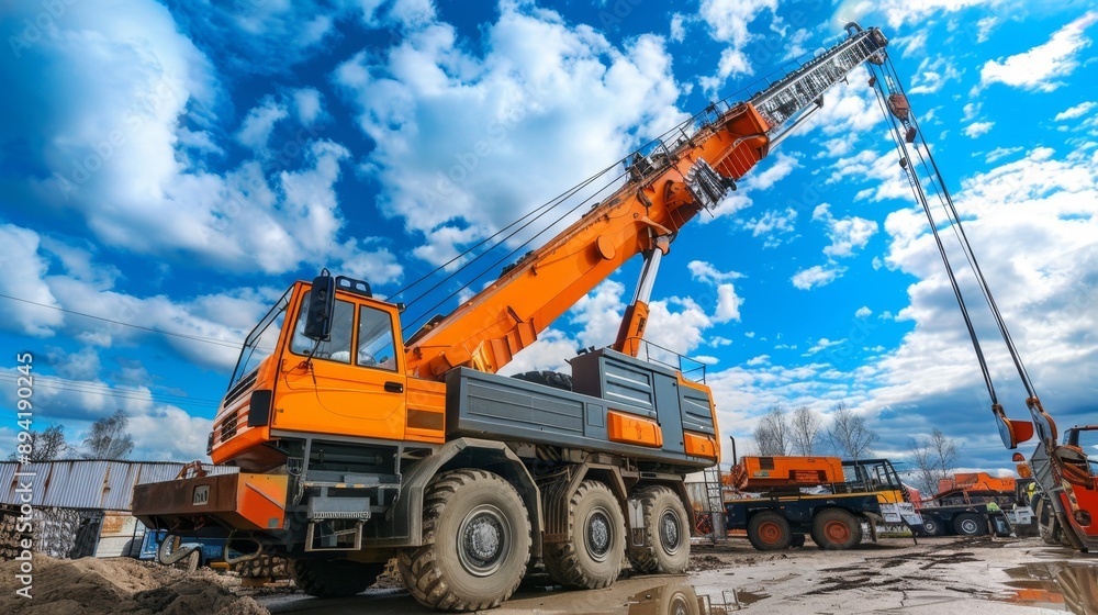 Orange Crane Truck Against Blue Sky with Clouds. Orange Crane Truck Against Blue Sky with Clouds.