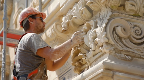 Craftsman Restoring Ornate Architectural Stonework on Historic Building