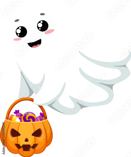 Funny cartoon Halloween kawaii ghost character holding pumpkin bucket with candy treat, radiating spookiness and cuteness. Isolated cute vector baby spook personage enjoying trick or treat party night