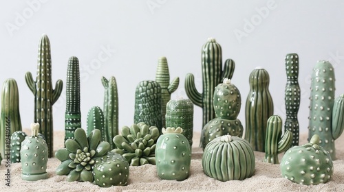 Ceramic cactus figurines on light sand against white backdrop