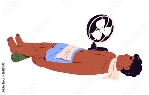 First aid in heat or sun stroke. Medical help to victim of heatstroke. Treatment with wet cool towels, fan in sunstroke, extreme hot emergency. Flat isolated vector illustration on white background
