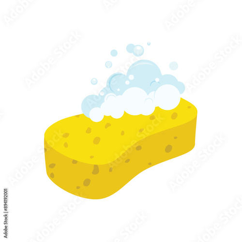 Yellow cleaning sponge with soap bubbles for washing and bathing isolated on white background. Vector illustration