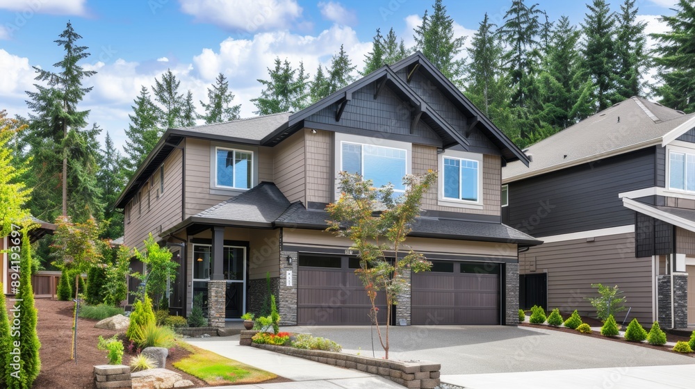 Modern House with Stone Accent Wall and Large Garage Doors. Modern House with Stone Accent Wall and Large Garage Doors.