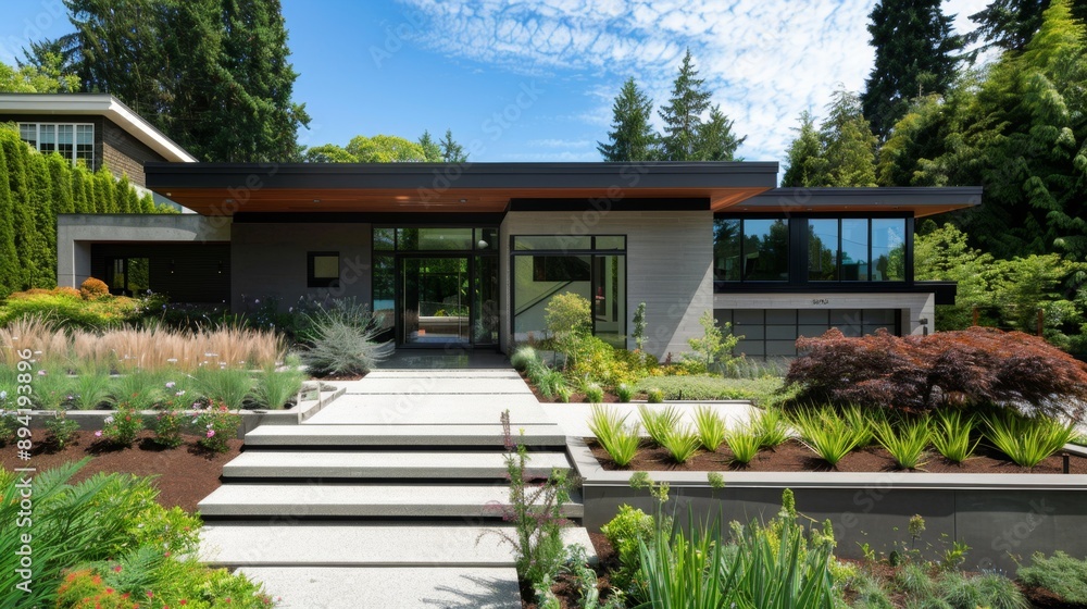 Modern Home Entrance with Stone Steps and Lush Landscaping. Modern Home Entrance with Stone Steps and Lush Landscaping.