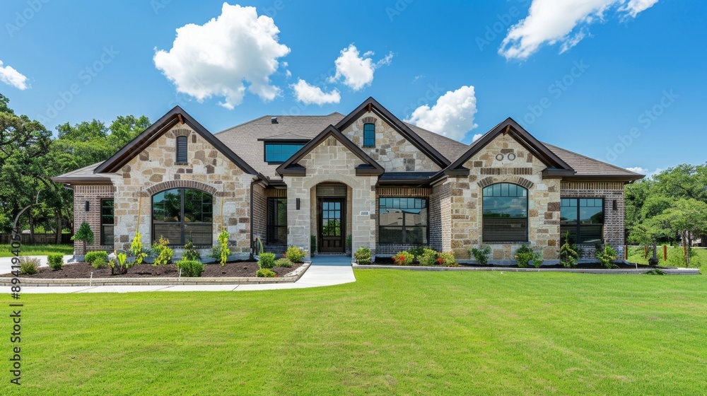 Stone and Brick Home with Lush Lawn Stone and Brick Home with Lush Lawn