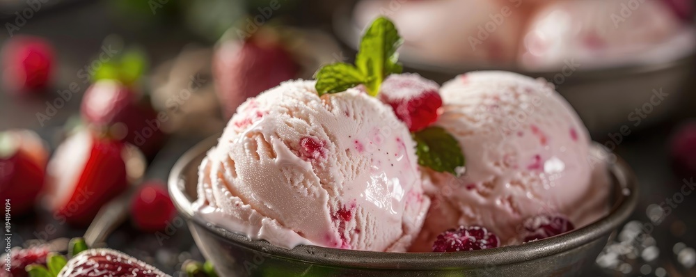 Close-up of delicious strawberry ice cream scoops garnished with fresh mint and berries, served in a bowl. Close-up of delicious strawberry ice cream scoops garnished with fresh mint and berries, served in a bowl.