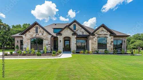 Stone and Brick Home with Lush Lawn